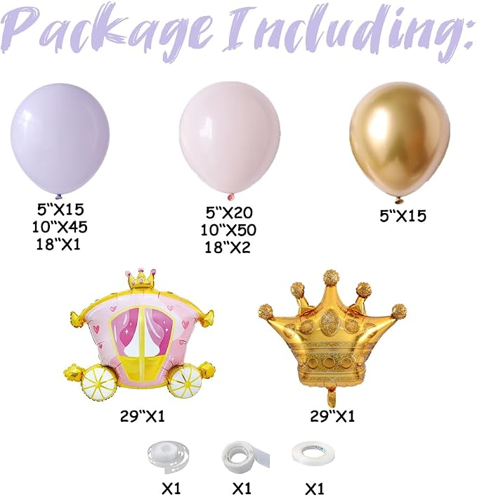 Princess Balloon Arch Garland Kit 150Pcs Pastel Macaron Pink and Purple Balloon with Carriage Crown Foil Balloons for Spring Princess Baby Shower Birthday Party Decorations