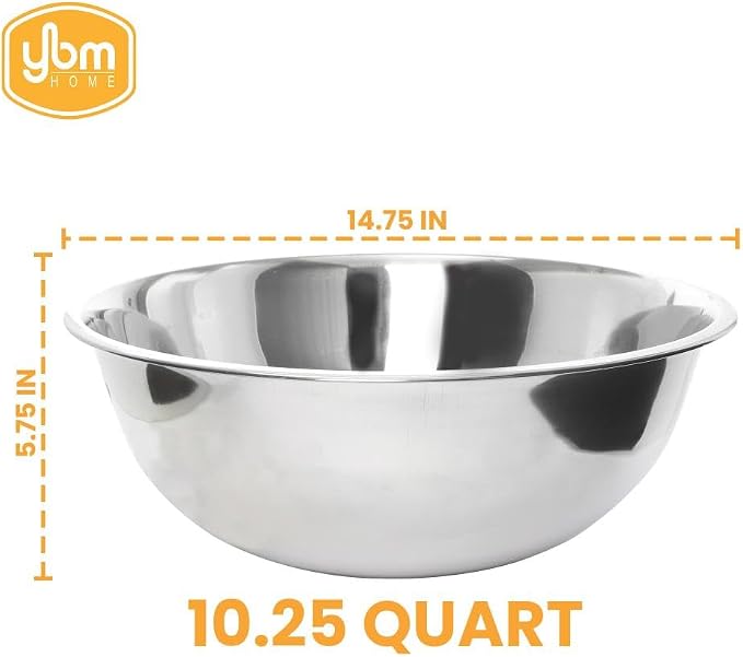 YBM HOME 10.25 Quart Stainless Steel Premium Mixing Bowl – Heavy Duty Deep Prep Bowl for Baking, Cooking, Dough Mixing, Salad Serving & Commercial Kitchen Use
