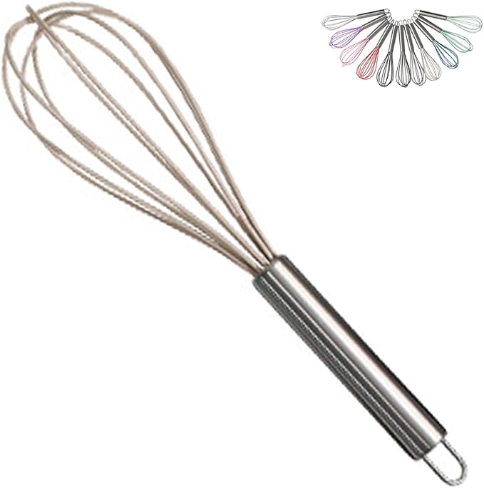 1-Piece Khaki Silicone Whisk with Stainless Steel Handle BRIIEC 10-inch Egg Beater Milk Beater Balloon Whisk Manual Baking Tool for Blending Stirring Whisking and Beating