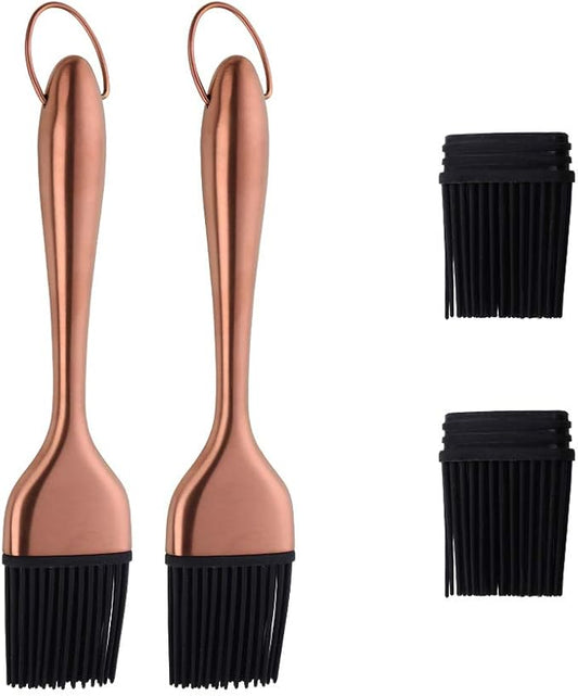 2 Pack Grill Basting Brush with 2 Pack Back Up Silicone Brush Heads, No Shed Bristles Stainless Steel Handles Heatproof Rust Resistant, Pastry Brushes for Kitchen Cooking BBQ,Dishwasher Safe Rose Gold