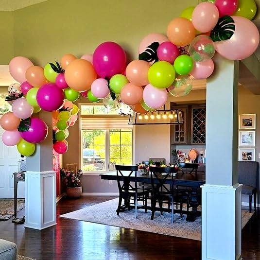 Tropical Balloon Arch Garland Kit, Hawaiian Luau Party Decorations with Hot Pink and Green Balloons, Palm Leaves Balloons Gold Confetti Balloons for Aloha Flamingo Beach Summer Theme Party Decofations