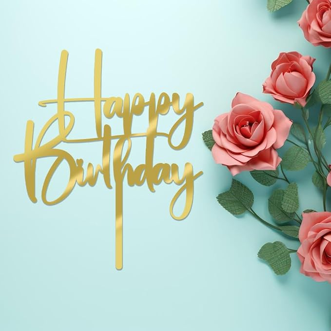 Acrylic golden Happy Birthday Cake Topper, Happy Birthday Cake Bunting Deco, Baby Gender Reveal Party/Anniversary PartyDecoration Supplies (Acrylic golden)