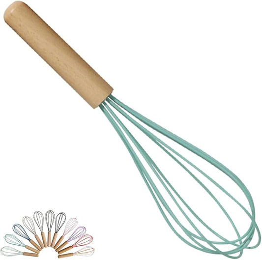 1-Piece Dark Green Silicone Whisk with Wooden Handle BRIIEC 10-inch Non Stick Balloon Whisk Egg Beater for Pancake Batter, Eggs and Egg Whites, Cake Mix, Blending, Gravy and Sauces