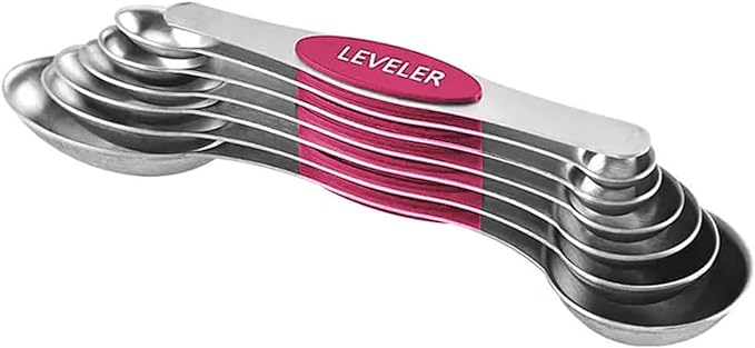 Set of 7 Stainless Steel Magnetic Measuring Spoons Set with Leveler - Stackable Tablespoon Measure Spoon for Baking and Cooking, Kitchen Gadgets for Apartment Essentials (Pink)