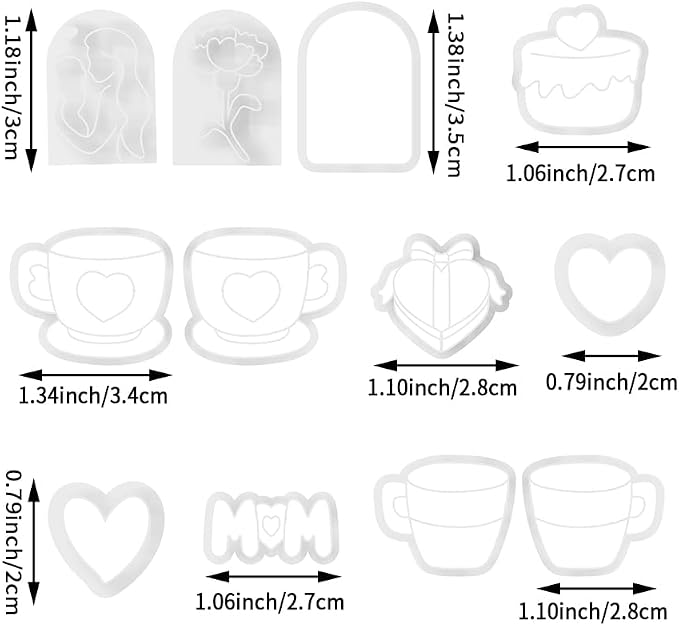 Mother’s Day Polymer Clay Cutters & Stamps Set - 12pcs Sharp & Durable Tea Cup, Cake, Heart, MOM & Silhouette Shapes for DIY Earring Jewelry Making, Soft Clay Crafts & Holiday Supplies
