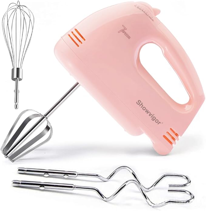 Handmixer Electric Handheld - 7 Speed Portable Kitchen Mixer Electric with 5 Stainless Steel Accessories Whisk, Food Beater for Whipping Mixing Cookies Cakes Eggs, Pink