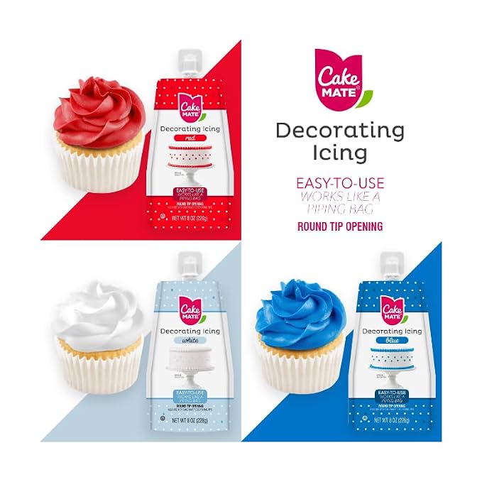 Cake Mate Decorating Icing Red, White & Blue Bundle – Great for Decorating Cakes, Cookies & More | Valentines Decorating, Holidays (three 8oz Pouches)