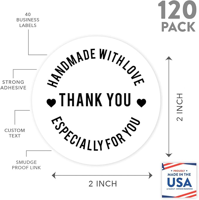 Andaz Press Round Small Business Sticker Labels, 120-Pack, Thank You, Handmade with Love, Especially for You, Handmade Stickers for Packaging, Product Labels for Small Business,