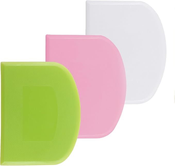 3 Pcs Dough Scraper Set, Flexible Plastic Bowl Scrapers, 4.6x3.65 Inch Sharp Edge Bench Scraper for Baking, Cake Decorating Tools (3, White/Green/Pink)