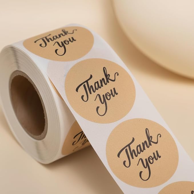 500pcs Thank You Stickers Roll – 1.5" Round Kraft Paper Labels with Black Script – Self-Adhesive Stickers for Small Business Packaging, Paper Bags, Gift Boxes Envelopes