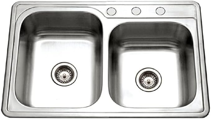 Houzer ISL-3322BS3-1 Glowtone Stainless Steel Kitchen Sink, Topmount, 60/40 Double Bowl Kitchen Sink, 3-hole, Cabinet Compatibility, Satin Finish