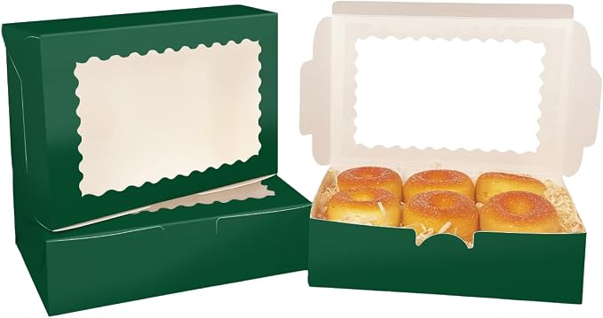 qiqee 50Pcs Deep Green Cookie Box with Window 9x6x2.5 inch Pastry Macaron Bakery Box For Packaging