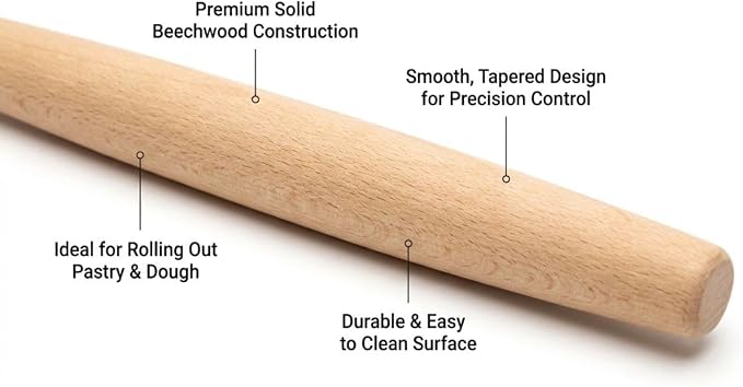 Wooden Rolling Pin for Baking Beech Wood French Rolling Pin Tapered Rolling Pin for Fondant Pie Crust Cookie Pastry Pizza Bread Non Stick Dough Roller 15.75-Inch