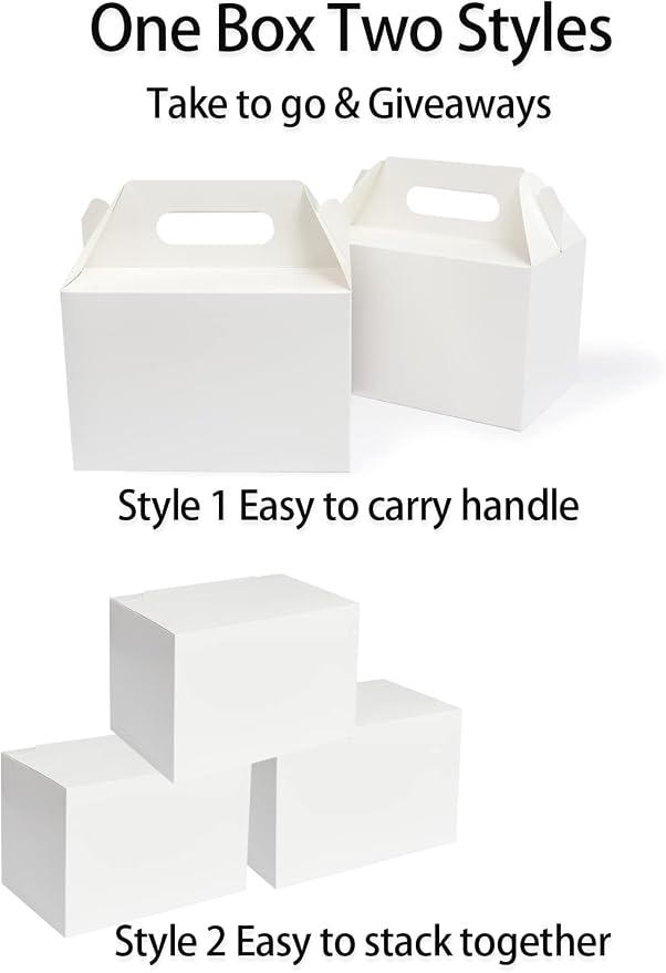 Happyhiram 50 Ct Large Party Gift Boxes with Handle White, 9x6x6 Gable Lunch Boxes Party Favor Boxes Barn Style Carry Out Box Recyclable Welcome Boxes Paper for Cookie Birthday Baby Shower Wedding