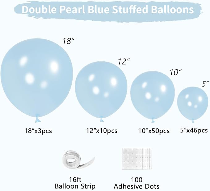 Double Pearl Blue Stuffed Balloons Different Size 115Pcs 5/10/12/18" Light Blue Balloon Arch Kit for Birthday Baby Shower Bridal Shower Engagement Ocean Under the Sea Frozen Theme Party