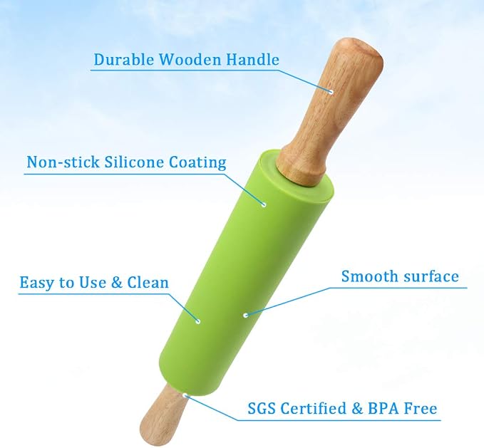 1Set Rolling Pin Pastry Mat Set Non-Stick 6 in 1 Dough Roller Baking Kit with Pastry Cutter Reusable Kneading Mat Scraper Basting Brush