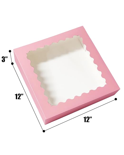 Bakepacker 20pcs Pink Pie Boxes 12x12x3 inches Easy Assemble Macaroon Cookie Boxes Bakery Boxes with Window for Bakery (Auto-pop Up)
