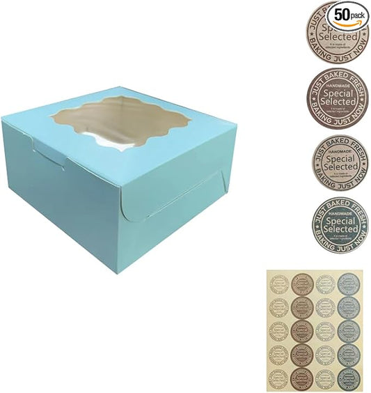 Generic 50Pcs (6x6x3 in) Mini Cake Boxes+3 stickers with Display Window for Gift Giving, Bakesale, Cupcakes, Dessert, Cookies, Pie, Macaroons, Donuts, Pastry, Kraft Paper Material… (50Pcs blue)
