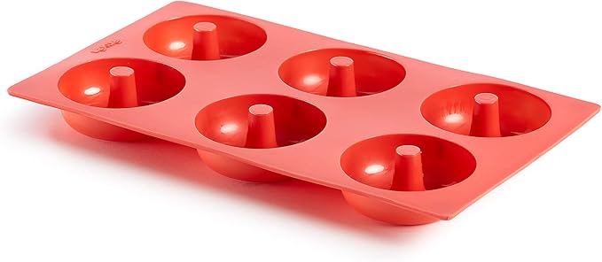 Lékué Platinum Silicone Donut Mold | 6 Non-Stick Holes For Baking - No Grease Needed | Pop-Out Oven Cake Molds | Heat-Resistant, Freezer Safe, Microwave Safe, Dishwasher Safe | Red