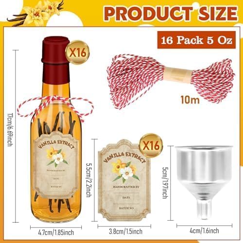 16 Pack Glass Vanilla Extract Bottles 5 oz with Lids, Vanilla Extract Labels, Shrink Band and Funnel, Glass Jar Vanilla Bottles for Syrup, Jars for Vanilla Extract