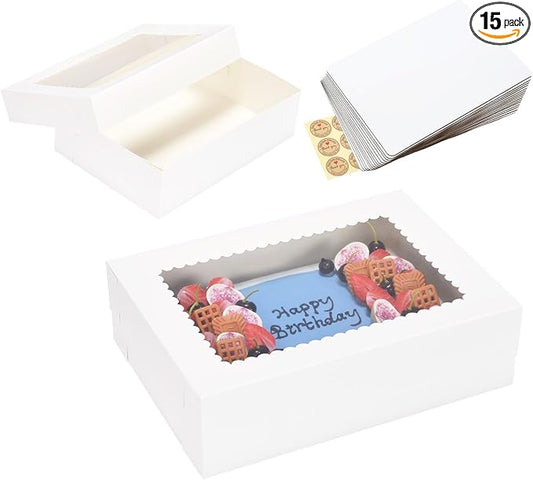 JJO 14x10x4 Inches 15 Pack Cake Boxes with Cake Board,White Bakery Boxes for Quarter Sheet Cakes,Donuts,Cupcakes, Brownie&Pie