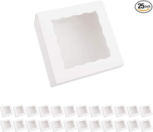 25 White Bakery Boxes with Window, 8x8x4 Inches Cake Boxes with Window, Treat Boxes for Pastry, Cupcake, Cookies, Muffins, Pie
