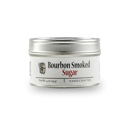 Bourbon Barrel Smoked Sugar Tin, 4oz - Slow Smoked Raw Demerara for a Rich Oak Flavor: Use to Finish Baking, Candies, Ice Cream, Coffee, Tea and Cocktails