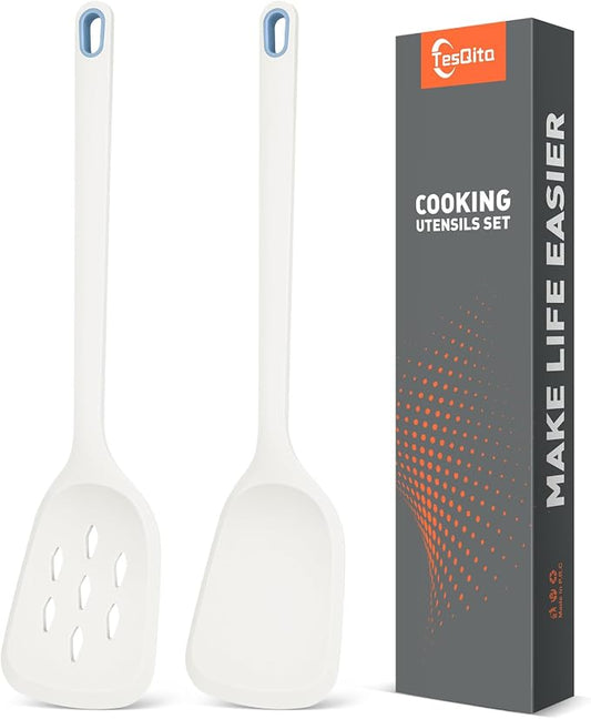 Silicone Cooking Spatula&Slotted Spatulas, Pack of 2,Solid Turner Kitchen Utensils Set for Cooking,Frying, Baking, Flipping, Turning,Heat Resistant 450℉ (White)