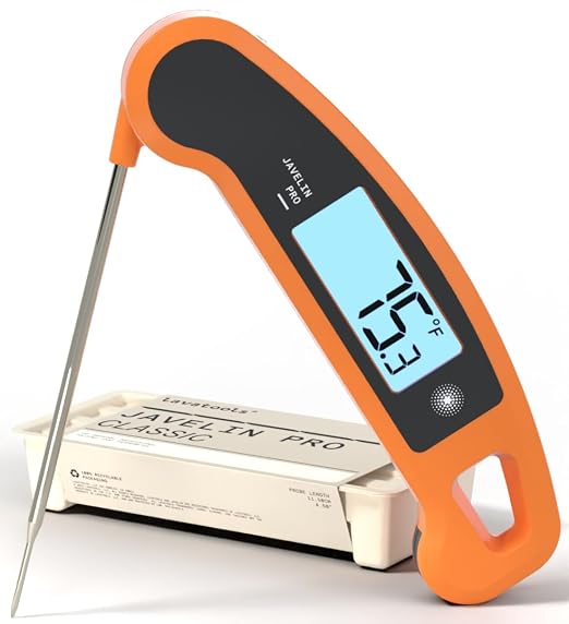 Lavatools Javelin® PRO Classic Ultra-Fast 2-Second Professional Digital Instant Read Meat Thermometer for Grill and Cooking, Auto-Rotating Backlit Display, IP65 Water Resistant NSF Certified–Tangerine