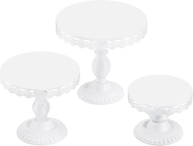 3 PCS White Cake Stands (8"&10"&12" Plate), Cupcake Stand with a lace Hollow Border Metal Cake Stand Set for Birthday Party, Wedding, Anniversary, Baby Shower