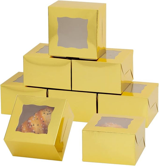 100Pcs Paper Cookie Boxes With Window Small Bakery Boxes 4x4x2.5 Inches Mini Cake Boxes For Pastries,Cupcakes,Desserts,Donuts,Chocolate Strawberries,Candy,Treat Boxes(Gold)