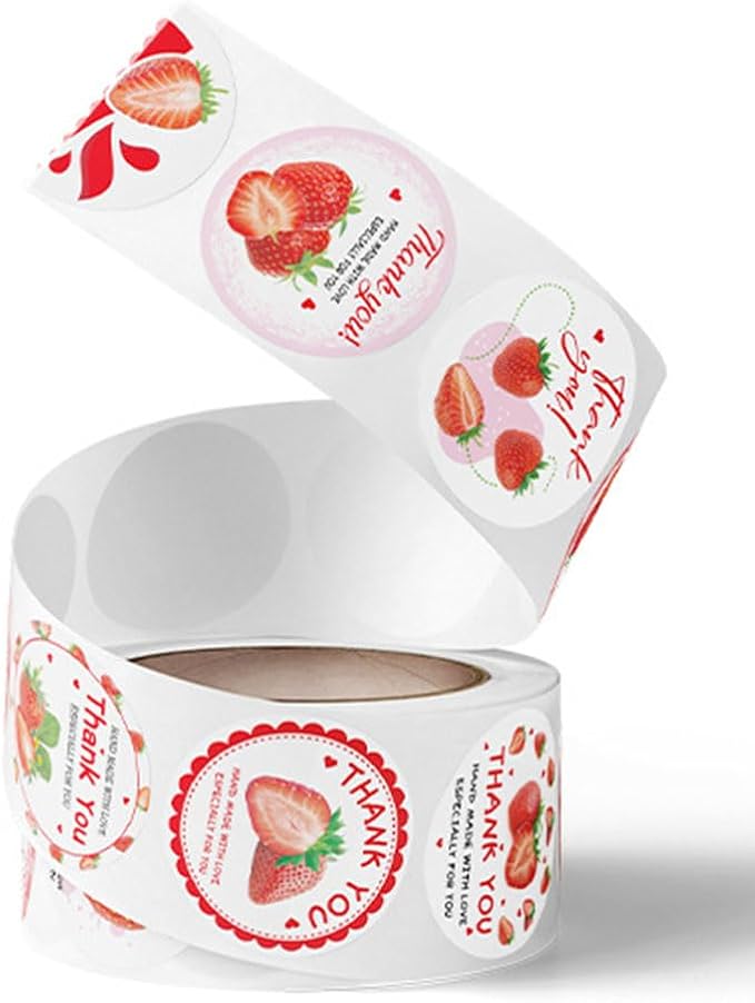 500PCS Strawberry Thank You Stickers Pink Red Hand Made with Love 1 Inch Round Roll Stickers Cute Fruit Decals StrawberryThemed Birthday Party Favors Envelope Seals Cards Gift Wrapping(Strawberry)