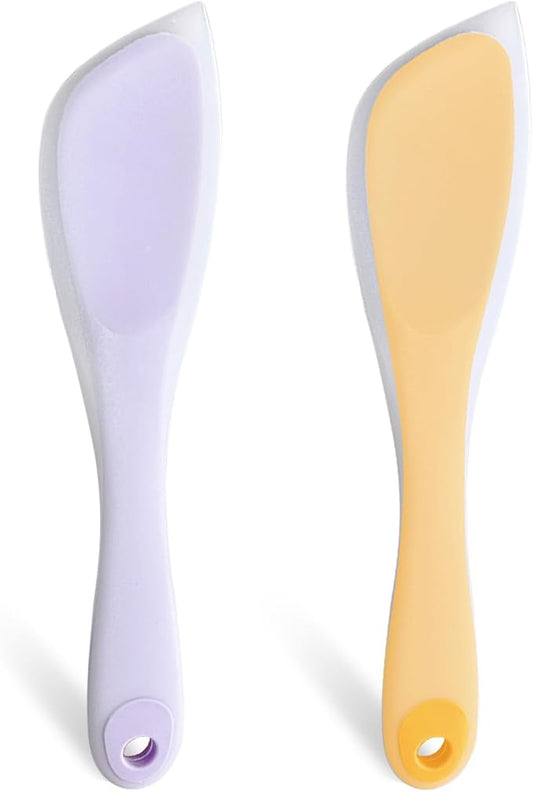 Silicone Jar Spatulas, 10 Inch Narrow Spatula Set for Scraping Peanut Butter, Sourdough, Jam in Small Containers, Blenders and Baking (1 Yellow, 1 Purple)