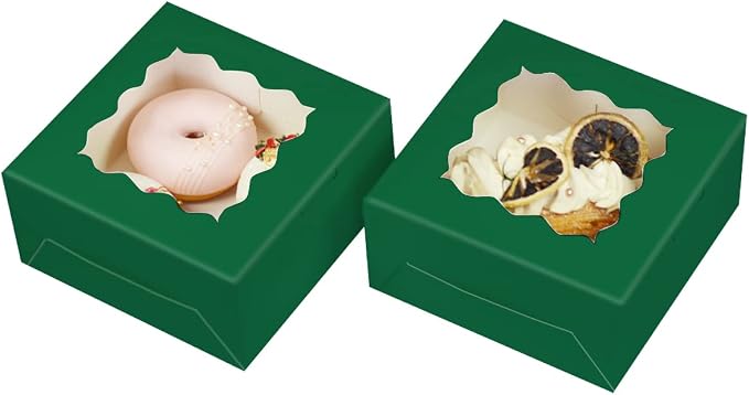 Bakepacker 60pcs Deep Green Cookie Boxes 6x6x3 inches Easy Assemble Macaroon Pastry Boxes Bakery Boxes with Window for Bakery