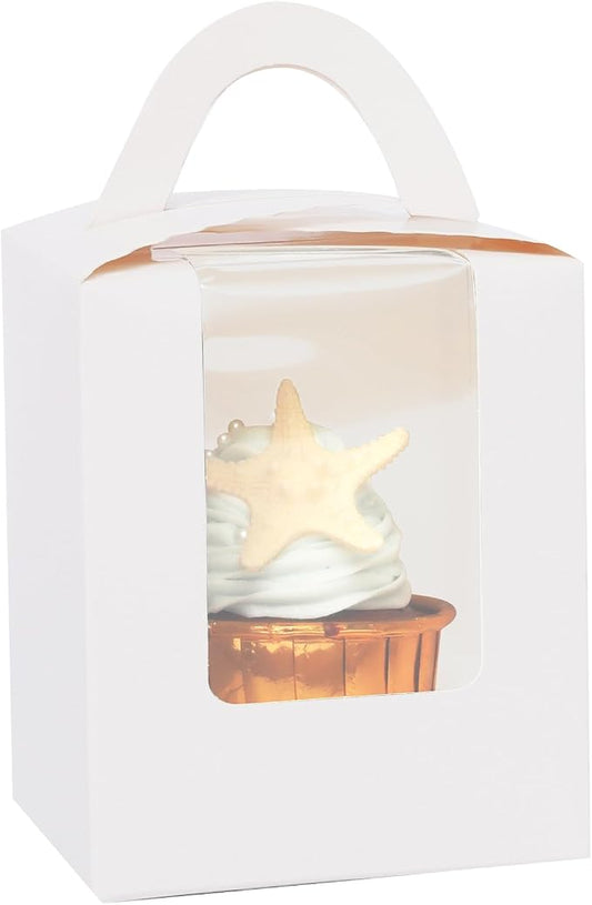 Bakepacker Auto-pop up Individual Cupcake Boxes with Window 25 Count White Single Cupcakes Box 3.7 x 3.7 x 4.3inch Cupcake Carrier