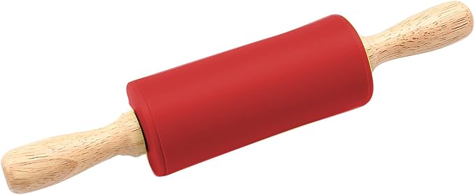 Silicone Rolling Pin, Red 9 Inch Pin with Wooden Rotatable Handle for Dough of Baking Bread, Cookie, Pizza (red, 9 inch)