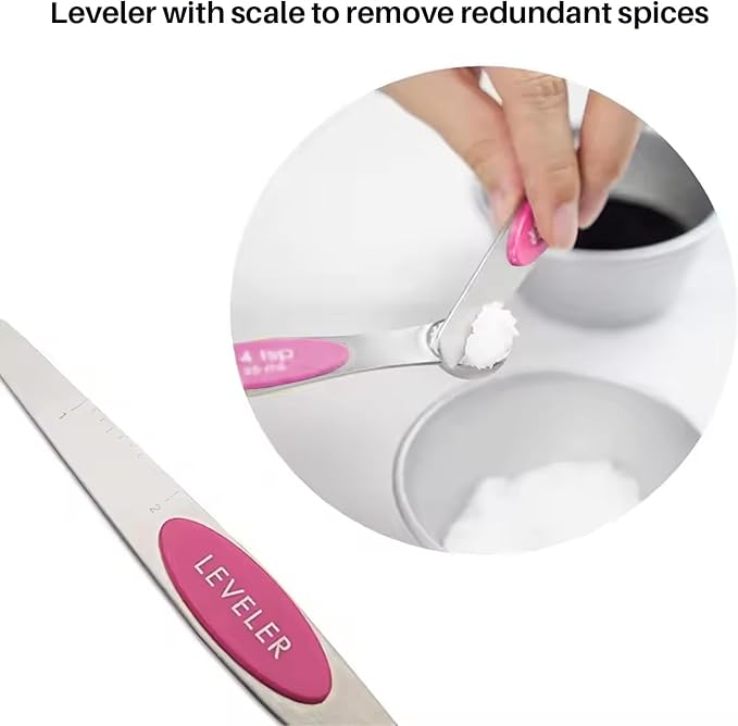 Set of 7 Stainless Steel Magnetic Measuring Spoons Set with Leveler - Stackable Tablespoon Measure Spoon for Baking and Cooking, Kitchen Gadgets for Apartment Essentials (Pink)