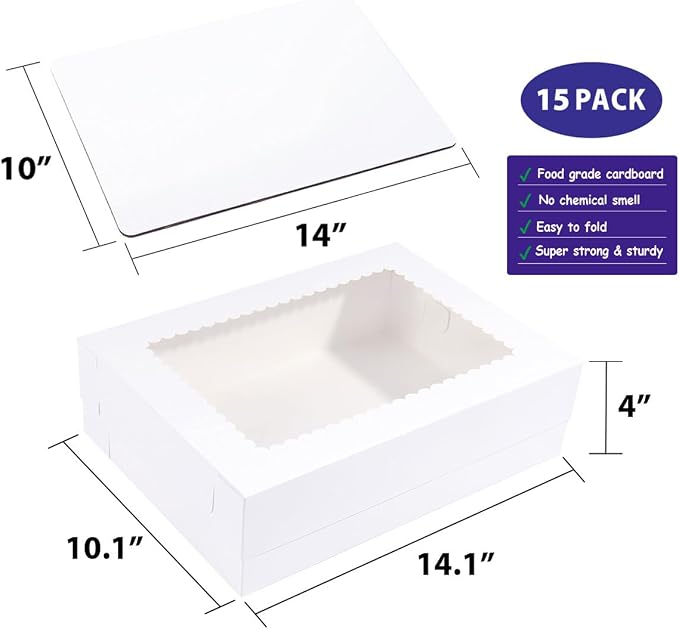 JJO 14x10x4 Inches 15 Pack Cake Boxes with Cake Board,White Bakery Boxes for Quarter Sheet Cakes,Donuts,Cupcakes, Brownie&Pie