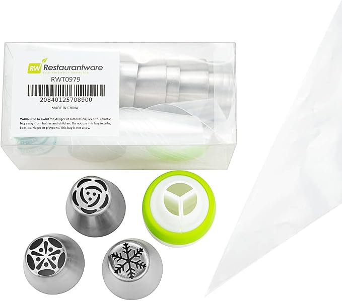 Restaurantware Pastry Tek Russian Piping Tips Set 21 Piece Durable Cake Decorating Kit - 10 Piping Tips 10 Piping Bags Stainless Steel Piping Bags And Tips Set 1 Tri-Color Coupler
