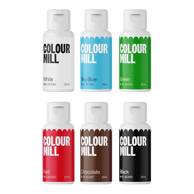 Colour Mill Oil Blend Food Coloring, Holiday Pack - 20 Milliliters Each of 6 Colors: Black, Chocolate, Green, Red, Sky Blue and White