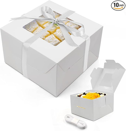 10pcs 8x8x5 Inches Cake Boxes, White Bread Boxes with Windows for Pastries, Cupcakes,Cookies, Pie, Muffins and Donuts