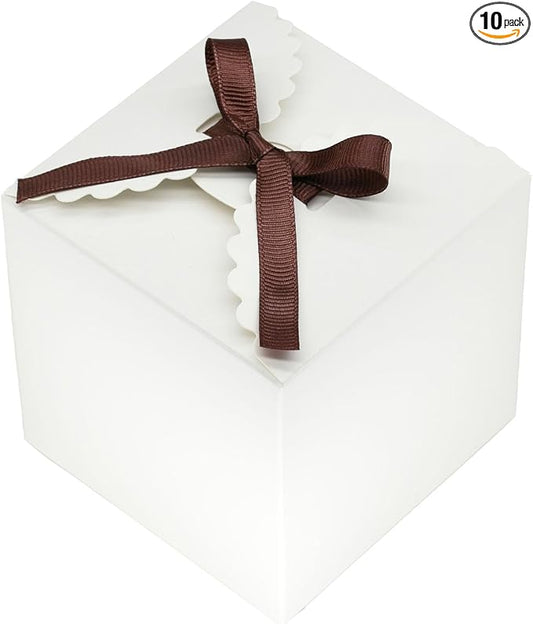 WEWILUCK White Gift Boxes 4x4x4 Inch with Brown Ribbon, Small Paperboard Cube Favor Boxes, Elegant Gift Box for Wedding, Party Favors, Candy, Treats & DIY Packaging