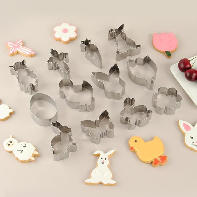Easter Cookie Cutter Set, 12 Pieces Easter Bunny, Egg, Bunny Face, Lamb, Butterfly, Carrot, Chicken etc. Shapes, Metal Biscuit Molds for Spring/Holiday Baking