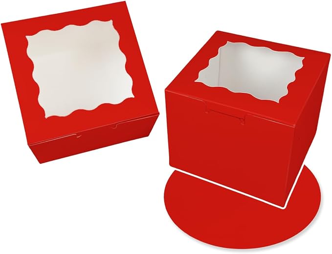 Bakepacker Red 8x8x5 Inches 36pcs Cake Boxes with Window 18-Packs Red 8 Inch Bakery Boxes (18 Cake Boxes +18 Cake Boards Included)