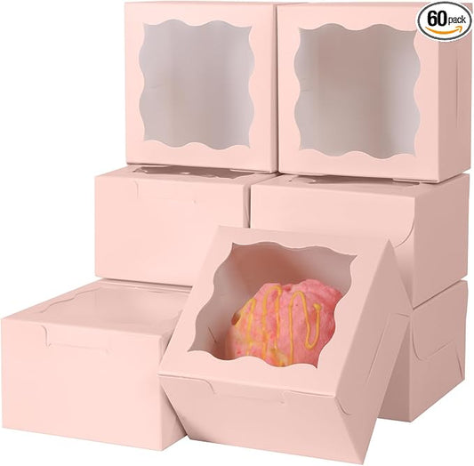 60pcs Pink Small Cake Box,4x4x2.5 Inch Bakery Boxes with Window,gift boxes bulk for Mini Cake Pastry Dessert Strawberries Chocolates Cupcakes with Stickers