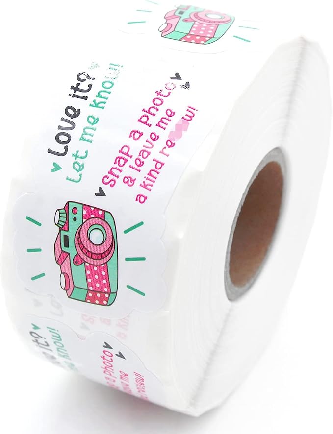 Littlefa Snap Photos Leave Reviews Stickers, Cute Pink Camera Stickers for Online Retailers Packing Gifts Bags Handmade Sticker Labels 500 PCS