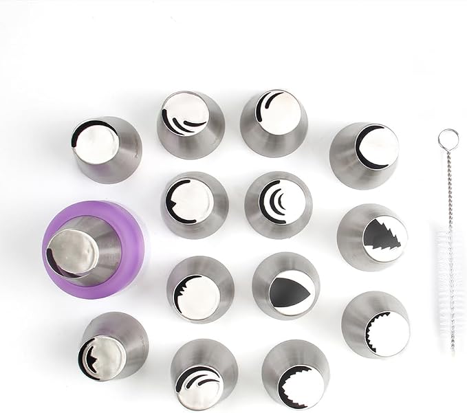 17 Pcs Stainless Steel Russian Flower Icing Tips Set,14 Russian Icing Floral Tips,1 Plastic Couplers,1 Cleaning Brush,1 Reusable Pastry Bag for Cake Decorations,Pastry Cupcakes Dessert Tools