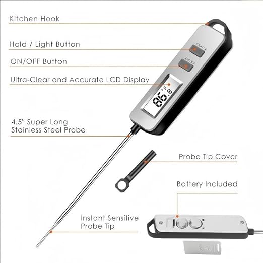 Digital Meat Thermometer, Paysean Instant Read Food Thermometer with 5.2" Probe, ±1°C High Accuracy Cooking Thermometer Auto-Off, LCD Display, for Kitchen, BBQ, Baking, Sourdough, Candy Making