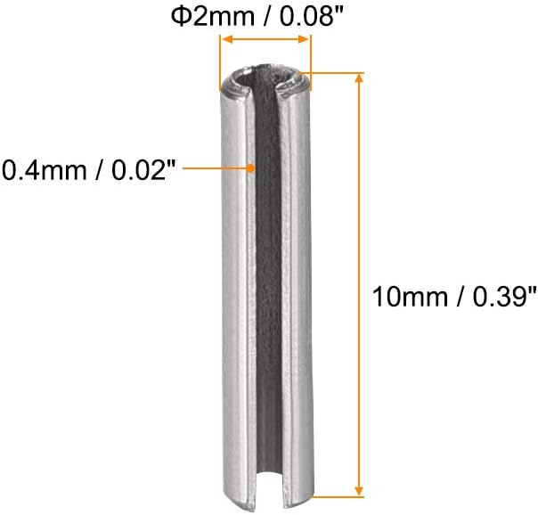 uxcell Slotted Spring Pin - M2 x 10mm 304 Stainless Steel Split Spring Roll Dowel Pins Plain Finish 20Pcs