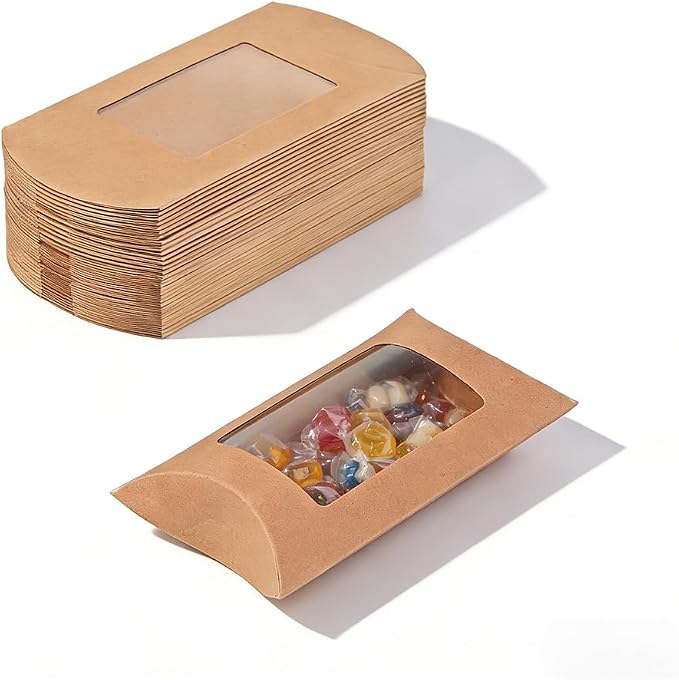 ZAJINJABD 50 Pcs Kraft Pillow Gift Boxes with Clear Windows, Sturdy Mini Folding Treat Boxes for Candy, Bakery, Chocolate, Jewelry, Wedding Party Favors